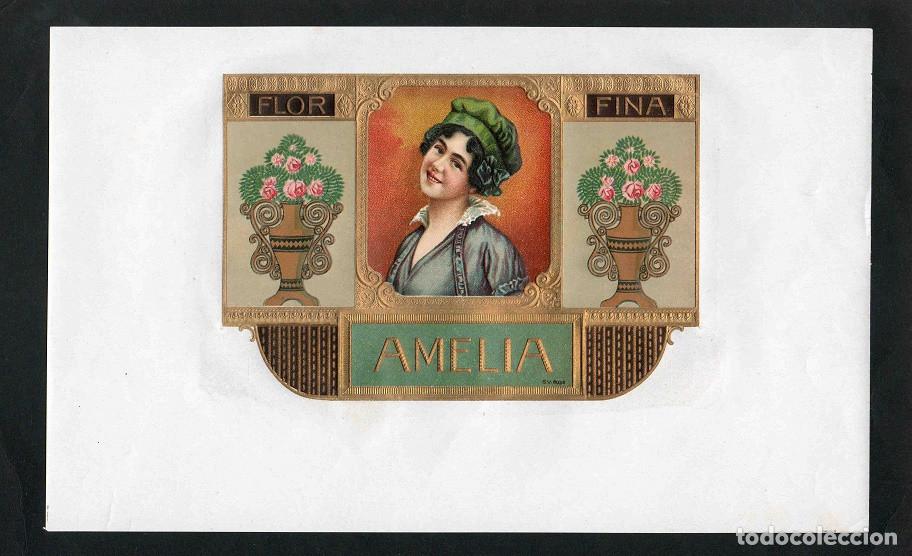 Vitolas de colecci&oacute;n: Vitola, original litograf&iacute;a. Antigua litograf&iacute;a de caja de tabacos. Amelia.