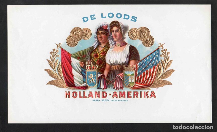 Vitolas de colecci&oacute;n: Vitola, original litograf&iacute;a. Antigua litograf&iacute;a de caja de tabacos. De Loods (Hoalland-Amerika).