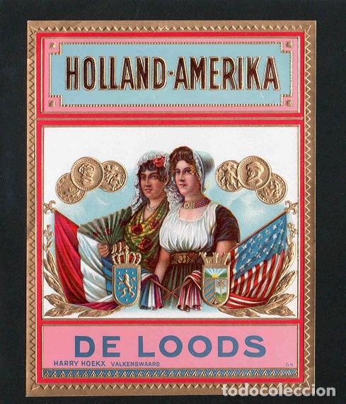 Vitolas de colecci&oacute;n: Vitola, original litograf&iacute;a. Antigua litograf&iacute;a de caja de tabacos. De Loods (Hoalland-Amerika).