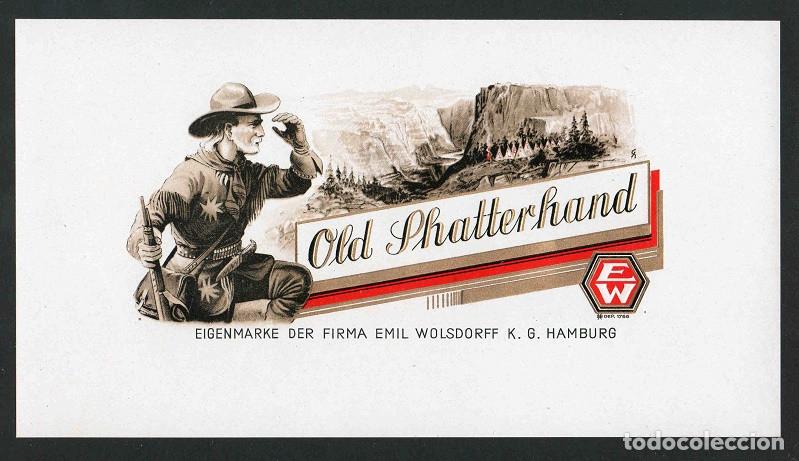Vitolas de colecci&oacute;n: Vitola, original litograf&iacute;a. Antigua litograf&iacute;a de caja de tabacos. Old Shatterhand. .