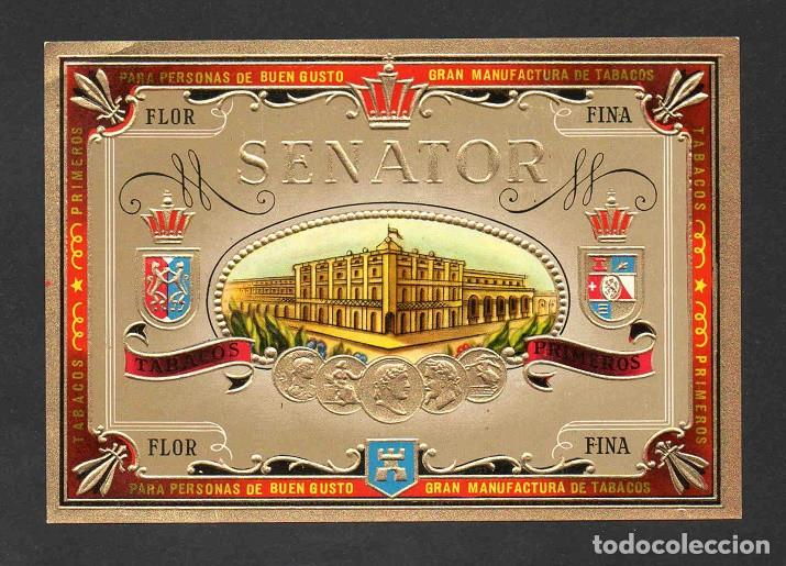 Vitolas de colecci&oacute;n: Vitola, original litograf&iacute;a. Antigua litograf&iacute;a de caja de tabacos. Senator.