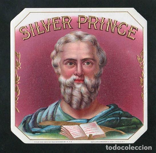 Vitolas de colecci&oacute;n: Vitola, original litograf&iacute;a. Antigua litograf&iacute;a de caja de tabacos. Silver Prince.