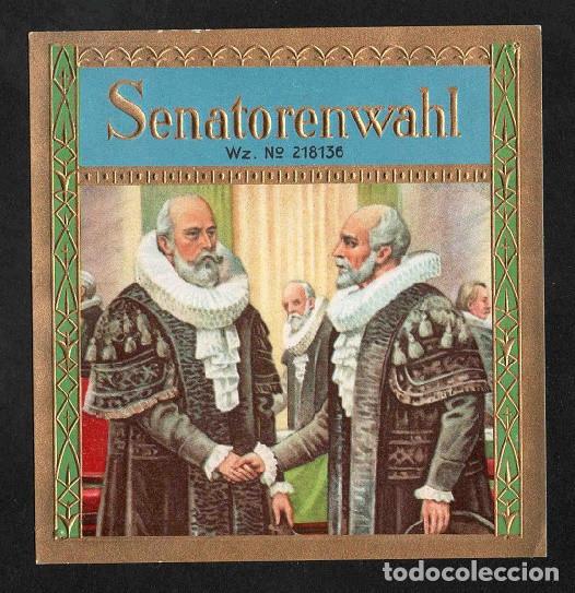 Vitolas de colecci&oacute;n: Vitola, original litograf&iacute;a. Antigua litograf&iacute;a de caja de tabacos. Senatorenwahl.