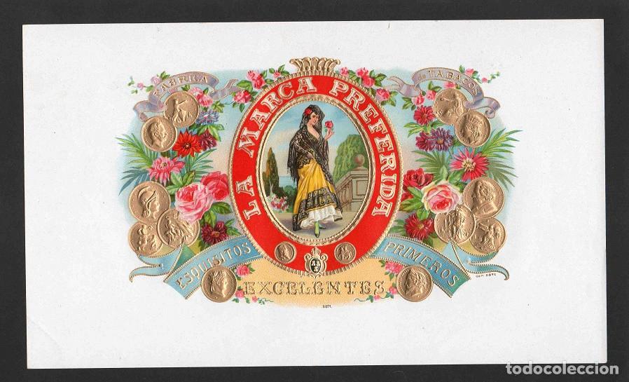 Vitolas de colecci&oacute;n: Vitola, original litograf&iacute;a. Antigua litograf&iacute;a de caja de tabacos. La Marca Preferida.