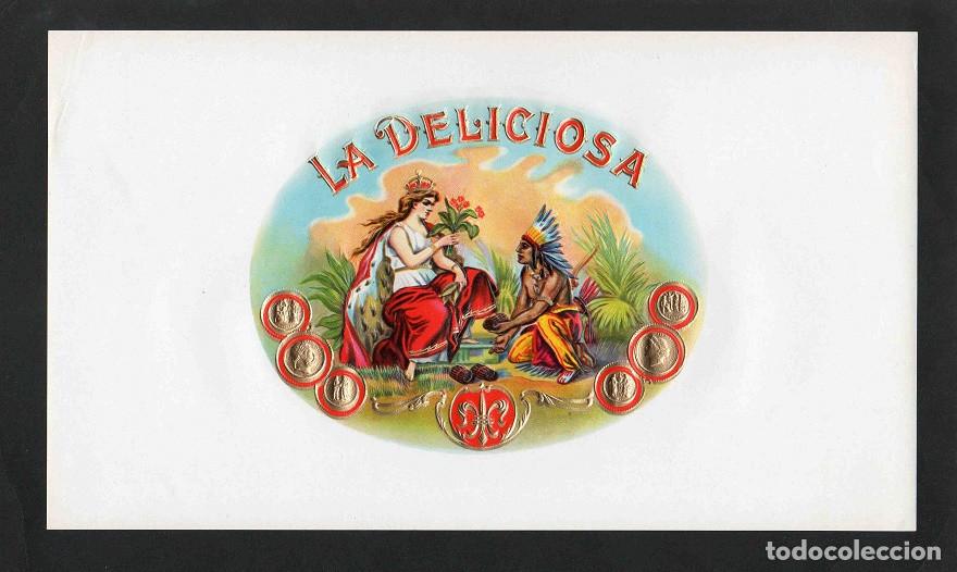 Vitolas de colecci&oacute;n: Vitola, original litograf&iacute;a. Antigua litograf&iacute;a de caja de tabacos. La Deliciosa.