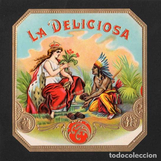 Vitolas de colecci&oacute;n: Vitola, original litograf&iacute;a. Antigua litograf&iacute;a de caja de tabacos. La Deliciosa.