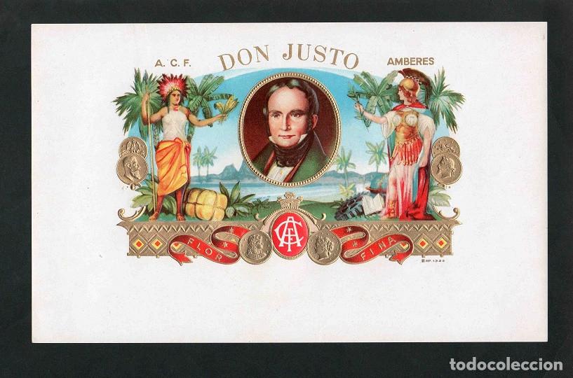 Vitolas de colecci&oacute;n: Vitola, original litograf&iacute;a. Antigua litograf&iacute;a de caja de tabacos. Don Justo.