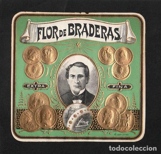 Vitolas de colecci&oacute;n: Vitola, original litograf&iacute;a. Antigua litograf&iacute;a de caja de tabacos. Flor de Bradera.