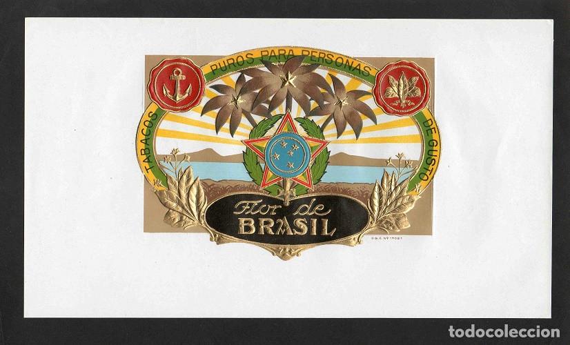 Vitolas de colecci&oacute;n: Vitola, original litograf&iacute;a. Antigua litograf&iacute;a de caja de tabacos. Flor de Brasil.