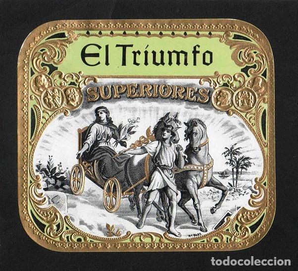 Vitolas de colecci&oacute;n: Vitola, original litograf&iacute;a. Antigua litograf&iacute;a de caja de tabacos. El Triumfo.