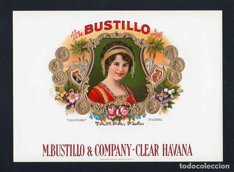 Vitolas de colecci&oacute;n: Vitola, original litograf&iacute;a. Antigua litograf&iacute;a de caja de tabacos. La Flor de M. Bustillo.