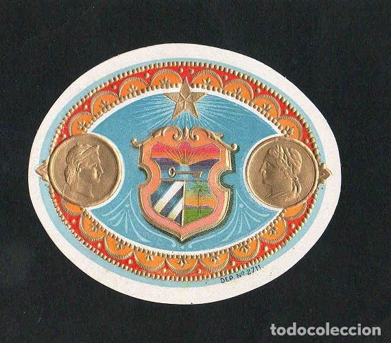 Vitolas de colecci&oacute;n: Vitola, original litograf&iacute;a. Antigua litograf&iacute;a de caja de tabacos. Escudo de Cuba.
