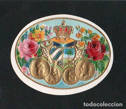 Vitolas de colecci&oacute;n: Vitola, original litograf&iacute;a. Antigua litograf&iacute;a de caja de tabacos. Escudo de Cuba.