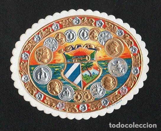 Vitolas de colecci&oacute;n: Vitola, original litograf&iacute;a. Antigua litograf&iacute;a de caja de tabacos. Escudo de Cuba.