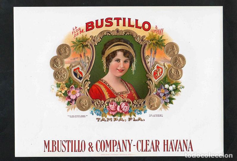 Vitolas de colecci&oacute;n: Vitola, original litograf&iacute;a. Antigua litograf&iacute;a de caja de tabacos. La Flor de M. Bustillo.