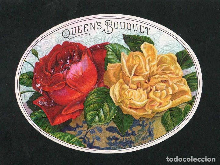 Vitolas de colecci&oacute;n: Vitola, original litograf&iacute;a. Antigua litograf&iacute;a de caja de tabacos. Queen&acute;s Bouquet.