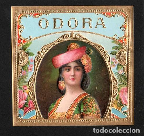 Vitolas de colecci&oacute;n: Vitola, original litograf&iacute;a. Antigua litograf&iacute;a de caja de tabacos. Odora.