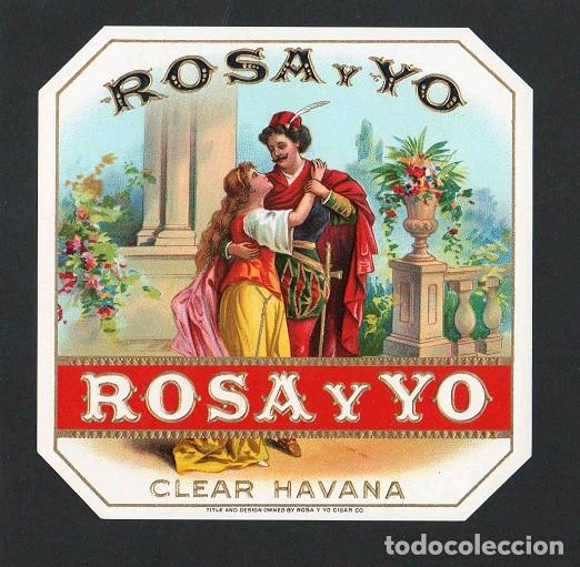 Vitolas de colecci&oacute;n: Vitola, original litograf&iacute;a. Antigua litograf&iacute;a de caja de tabacos. Rosa y Yo.