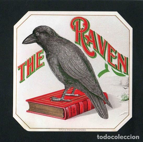 Vitolas de colecci&oacute;n: Vitola, original litograf&iacute;a. Antigua litograf&iacute;a de caja de tabacos. The Raven.