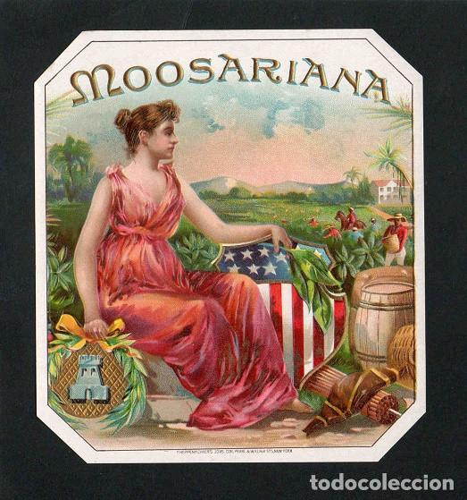 Vitolas de colecci&oacute;n: Vitola, original litograf&iacute;a. Antigua litograf&iacute;a de caja de tabacos. Moosariana.