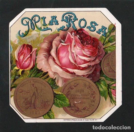 Vitolas de colecci&oacute;n: Vitola, original litograf&iacute;a. Antigua litograf&iacute;a de caja de tabacos. Mia Rosa.