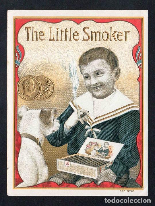 Vitolas de colecci&oacute;n: Vitola, original litograf&iacute;a. Antigua litograf&iacute;a de caja de tabacos. The Little Smoker.