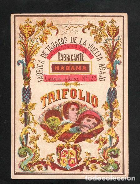 Vitolas de colecci&oacute;n: Vitola, original litograf&iacute;a. Antigua litograf&iacute;a de caja de tabacos. Trifolio (Habana)(s. XIX).