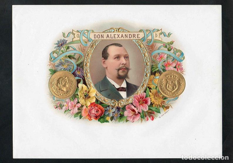 Vitolas de colecci&oacute;n: Vitola, original litograf&iacute;a. Antigua litograf&iacute;a de caja de tabacos. Don Alexandre.