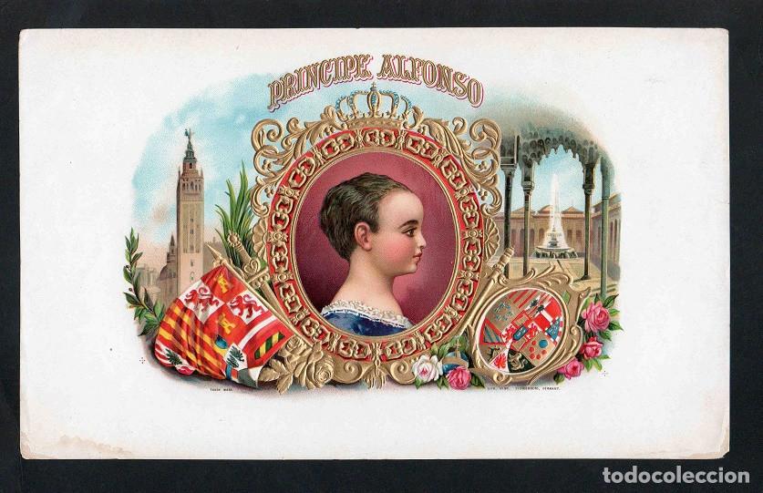 Vitolas de colecci&oacute;n: Vitola, original litograf&iacute;a. Antigua litograf&iacute;a de caja de tabacos. Principe Alfonso.
