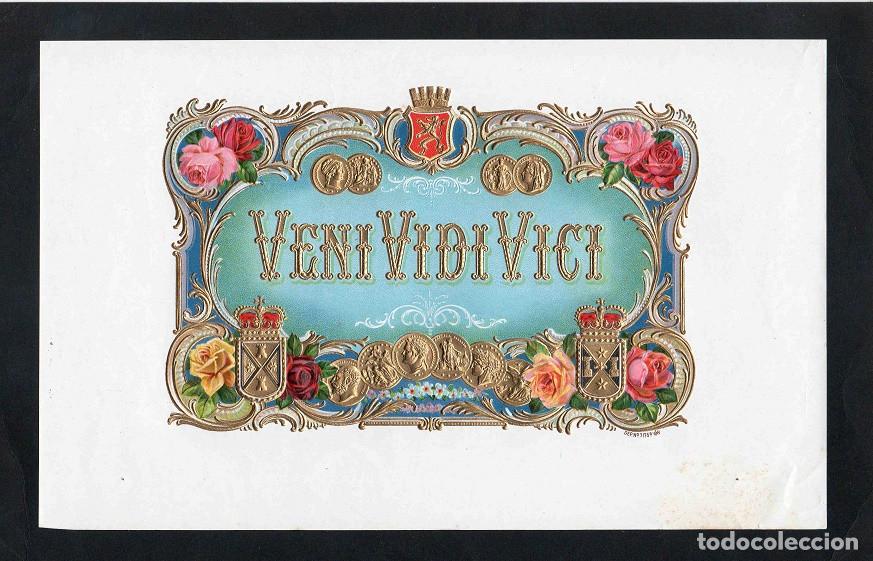 Vitolas de colecci&oacute;n: Vitola, original litograf&iacute;a. Antigua litograf&iacute;a de caja de tabacos. Veni Vidi Vici.