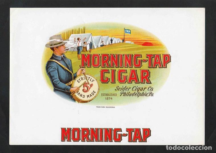 Vitolas de colecci&oacute;n: Vitola, original litograf&iacute;a. Antigua litograf&iacute;a de caja de tabacos. Mornig-Tap Cigar.