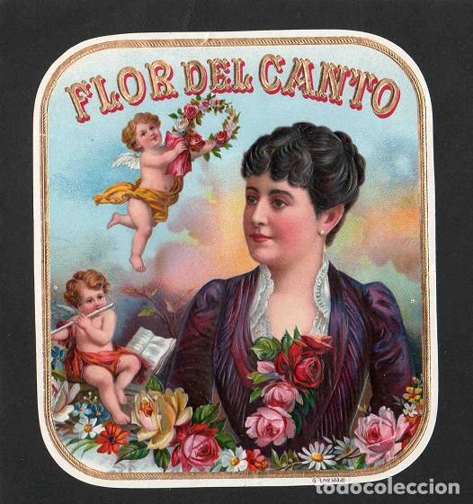 Vitolas de colecci&oacute;n: Vitola, original litograf&iacute;a. Antigua litograf&iacute;a de caja de tabacos. Flor del Canto.