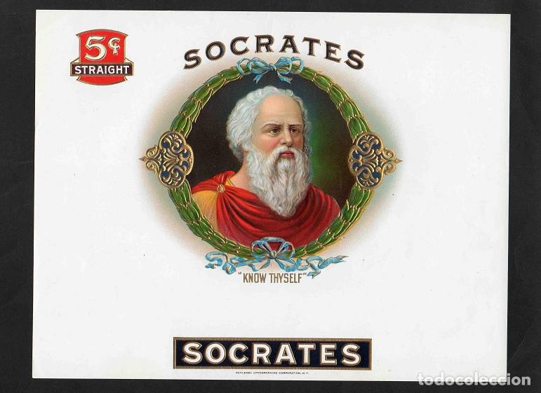 Vitolas de colecci&oacute;n: Vitola, original litograf&iacute;a. Antigua litograf&iacute;a de caja de tabacos. Socrates.