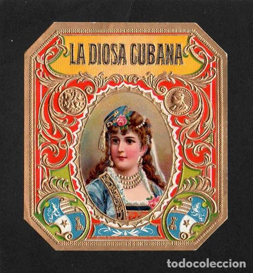Vitolas de colecci&oacute;n: Vitola, original litograf&iacute;a. Antigua litograf&iacute;a de caja de tabacos. La Diosa Cubana.