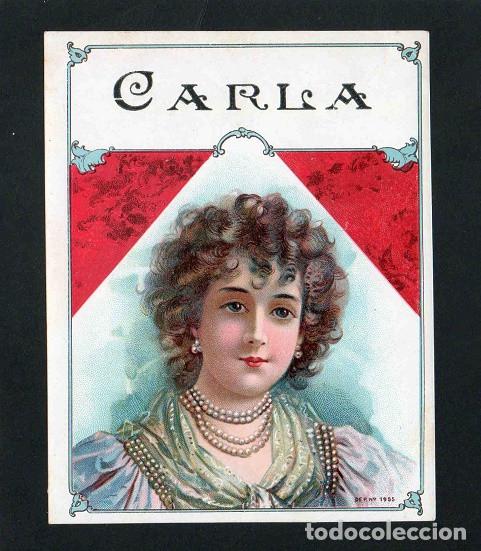 Vitolas de colecci&oacute;n: Vitola, original litograf&iacute;a. Antigua litograf&iacute;a de caja de tabacos. Carla.