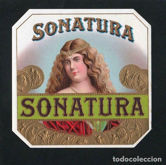Vitolas de colecci&oacute;n: Vitola, original litograf&iacute;a. Antigua litograf&iacute;a de caja de tabacos. Sonatura.