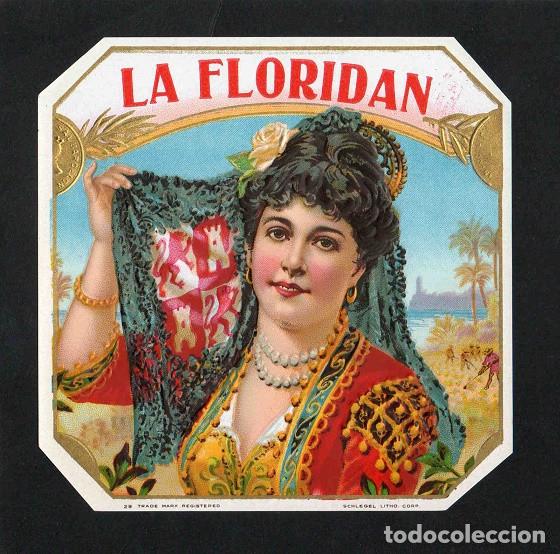 Vitolas de colecci&oacute;n: Vitola, original litograf&iacute;a. Antigua litograf&iacute;a de caja de tabacos. La Floridan.