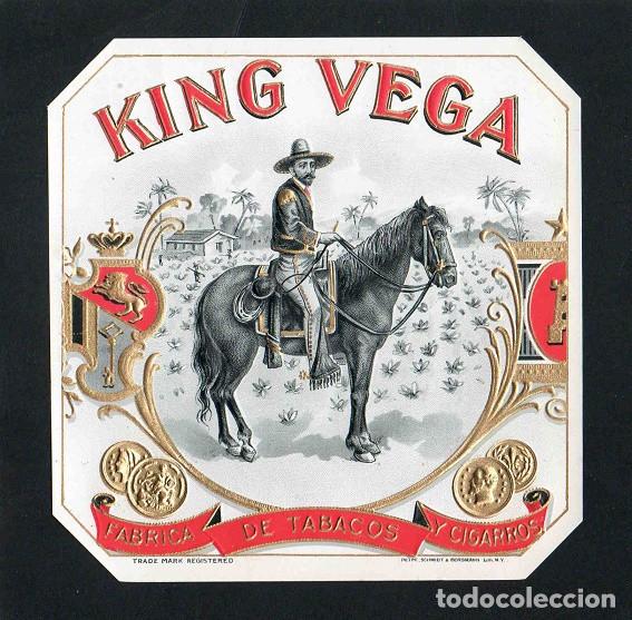 Vitolas de colecci&oacute;n: Vitola, original litograf&iacute;a. Antigua litograf&iacute;a de caja de tabacos. King Vega.