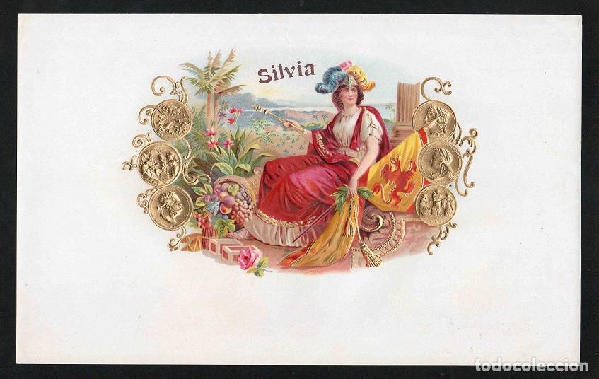 Vitolas de colecci&oacute;n: Vitola, original litograf&iacute;a. Antigua litograf&iacute;a de caja de tabacos. Silvia.