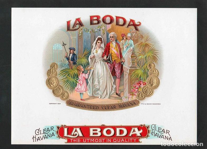 Vitolas de colecci&oacute;n: Vitola, original litograf&iacute;a. Antigua litograf&iacute;a de caja de tabacos. La Boda.