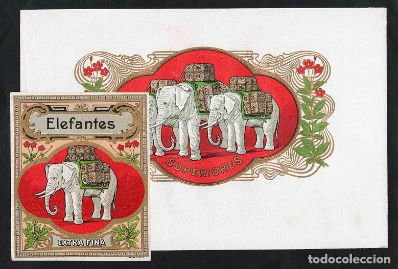 Vitolas de colecci&oacute;n: Vitolas, original litograf&iacute;as. Antiguas litograf&iacute;as de caja de tabacos. Elefantes.