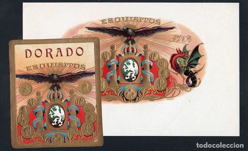 Vitolas de colecci&oacute;n: Vitolas, original litograf&iacute;as. Antiguas litograf&iacute;as de caja de tabacos. Dorado.