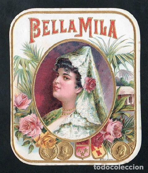 Vitolas de colecci&oacute;n: Vitola, original litograf&iacute;a. Antigua litograf&iacute;a de caja de tabacos. Bella Mila.
