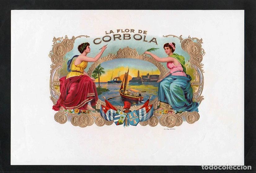 Vitolas de colecci&oacute;n: Vitola, original litograf&iacute;a. Antigua litograf&iacute;a de caja de tabacos. La Flor de Corbola.
