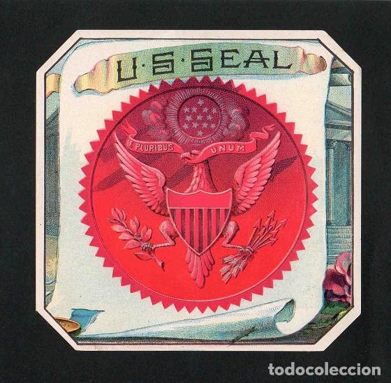 Vitolas de colecci&oacute;n: Vitola, original litograf&iacute;a. Antigua litograf&iacute;a de caja de tabacos. U.S. Seal.
