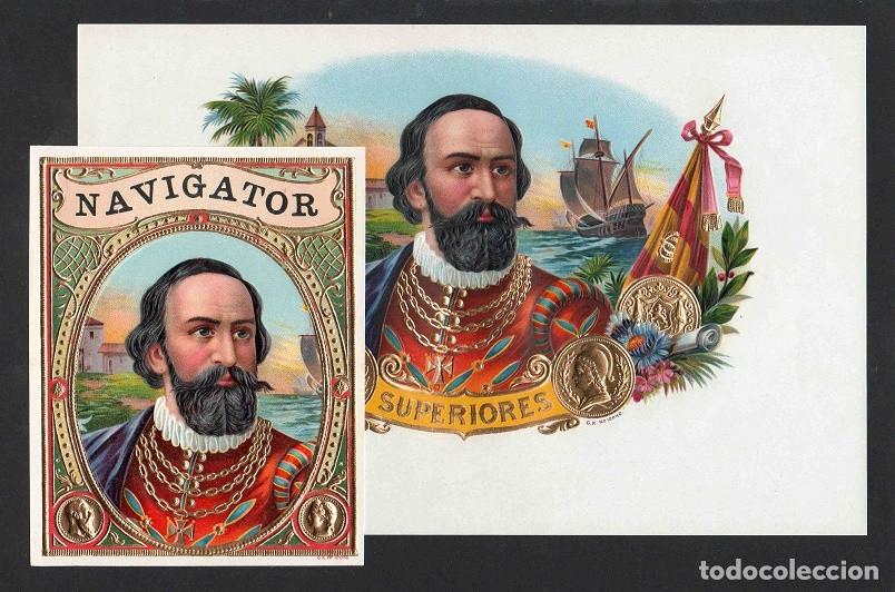 Vitolas de colecci&oacute;n: Vitolas, original litograf&iacute;as. Antiguas litograf&iacute;as de caja de tabacos. Navigator.