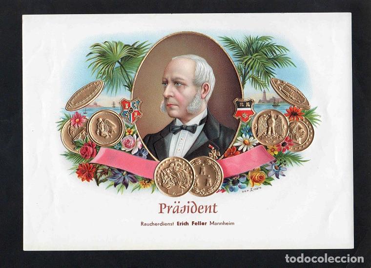 Bagues de cigare de collection: Vitola, original litograf&iacute;a. Antigua litograf&iacute;a de caja de tabacos. Pr&auml;sident.