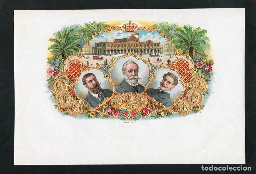 Bagues de cigare de collection: Vitola, original litograf&iacute;a. Antigua litograf&iacute;a de caja de tabacos. Le Trois Grands (Untitled).