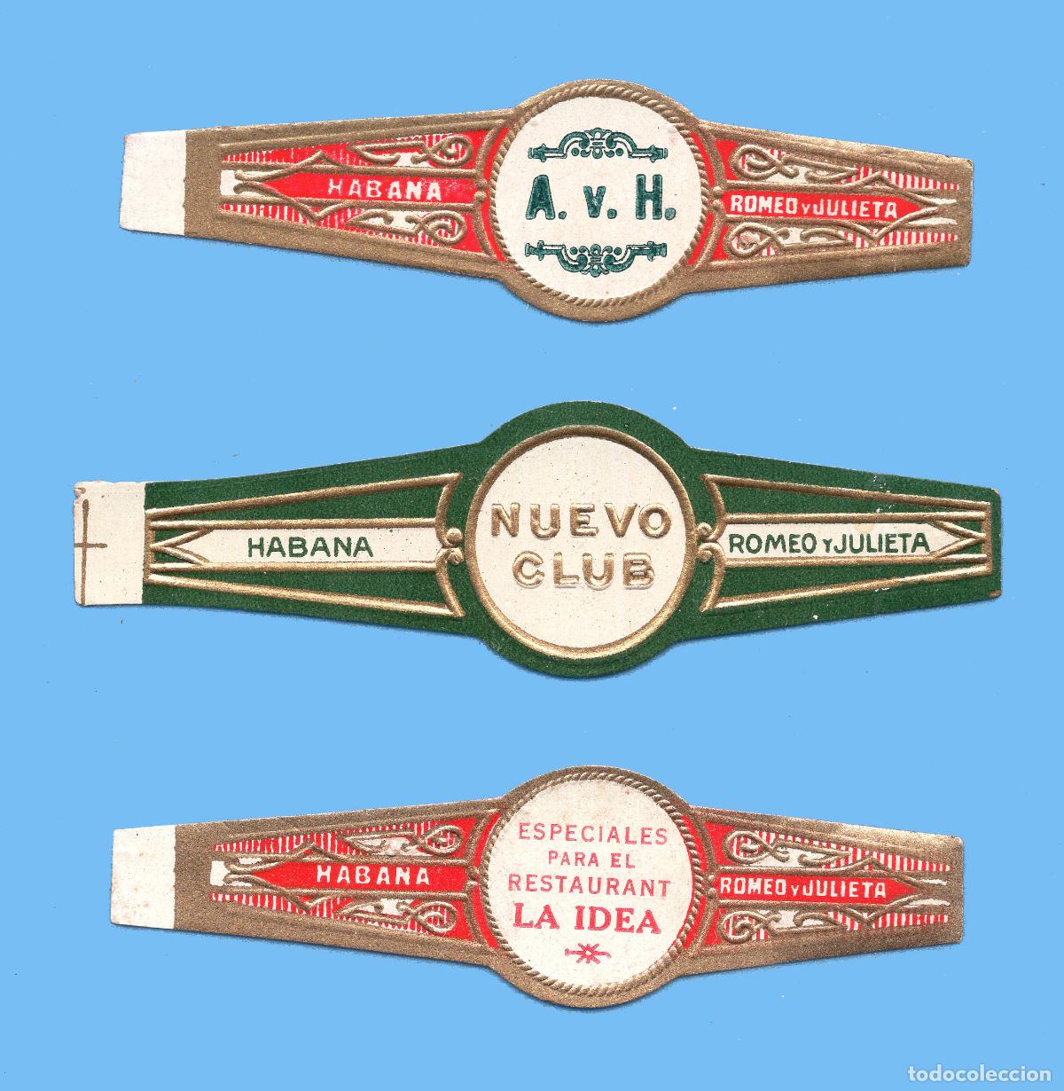 Collection cigar bands: 3 VITOLAS CUBANAS ANTIGUAS - MARCA ROMEO Y JULIETA - NUEVO CLUB, A.V.H., RESTAURANTE LA IDEA