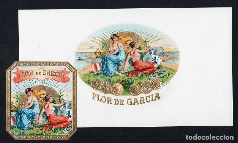 Vitolas de colecci&oacute;n: Vitolas, original litograf&iacute;as. Antiguas litograf&iacute;as de caja de tabacos. Flor de Garcia.